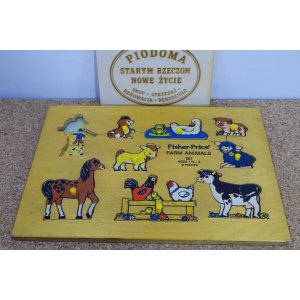 Vintage Fisher-Price Farm Animals 507 – drewniana układanka edukacyjna z lat 70. | Made in Holland | brak 1 elementu