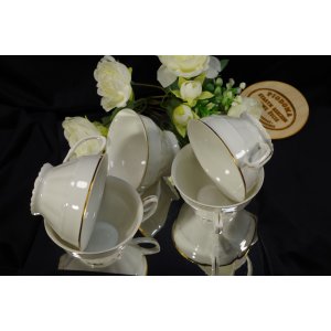 Komplet 5 filiżanek porcelanowych Bogucice ze złoceniami – Made in Poland, PRL