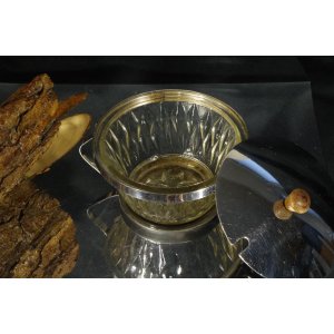 Cukiernica szklana w metalowej oprawie z pokrywką - retro PRL