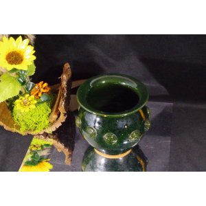 Ceramiczna donica osłonka zielona ręcznie zdobiona spirale vintage