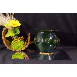 Ceramiczna donica osłonka zielona ręcznie zdobiona spirale vintage