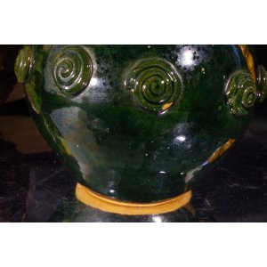 Ceramiczna donica osłonka zielona ręcznie zdobiona spirale vintage
